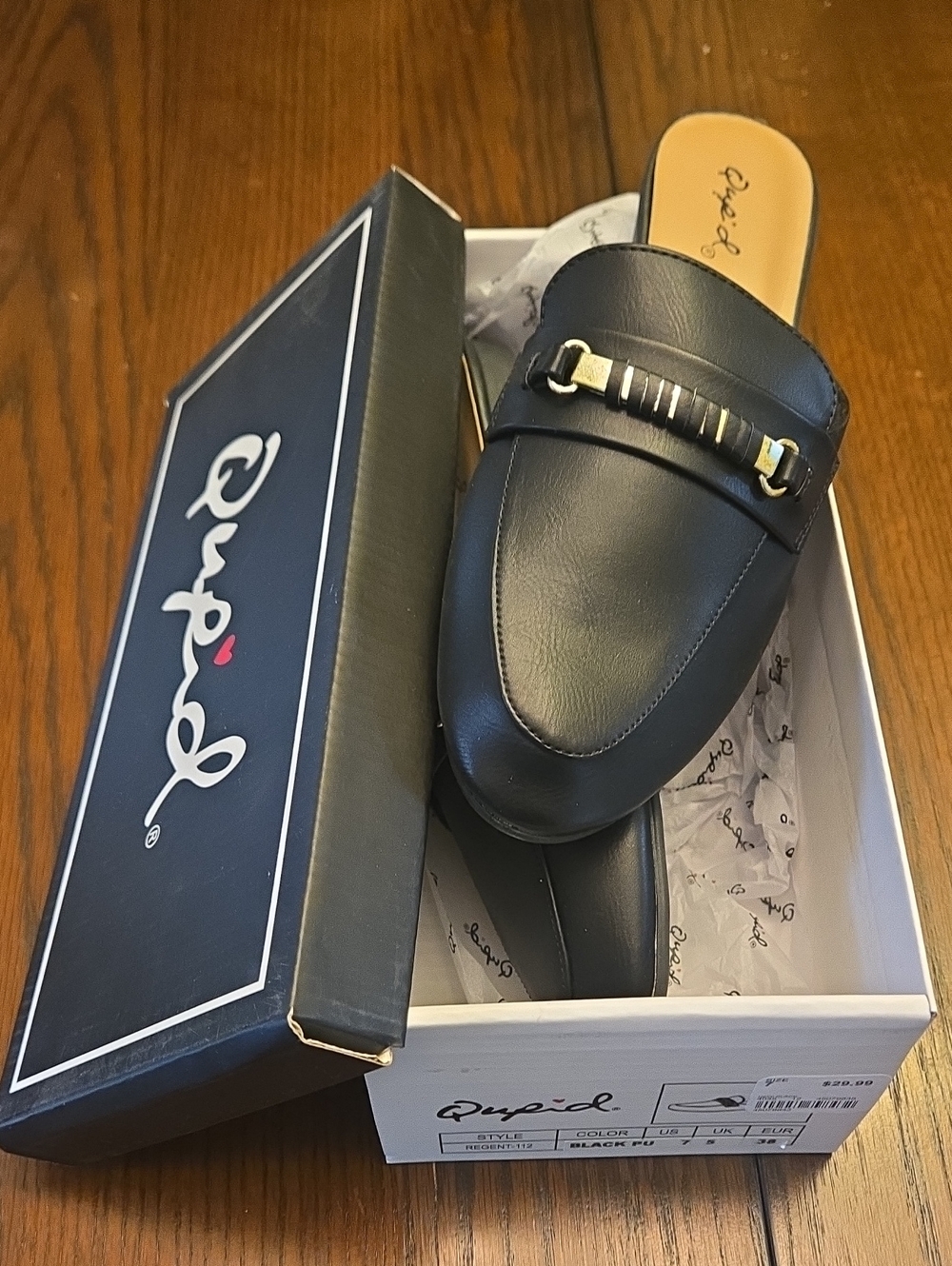 Qupid Black FauxLeather - REGENT-112 Mule Loafers with Metal Bit - Sz- 7 Womens